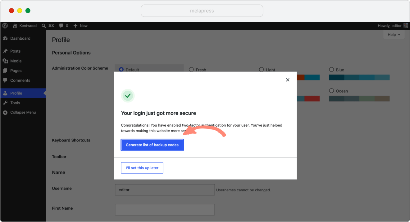 generate list of backup codes option in WP 2FA plugin