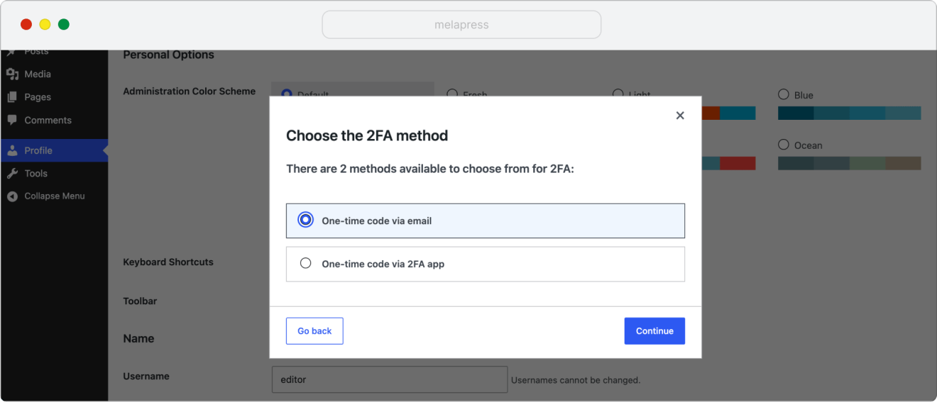 user 2fa setup choosing the two-factor authentication method