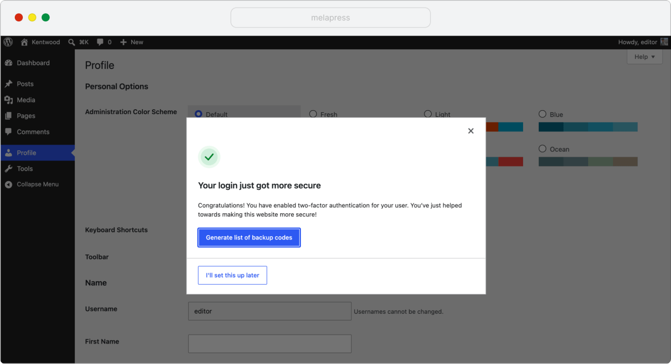 user 2fa setup confirmation screen
