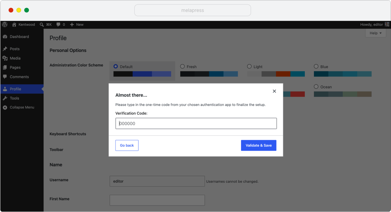 Enter one-time code from chosen authentication app