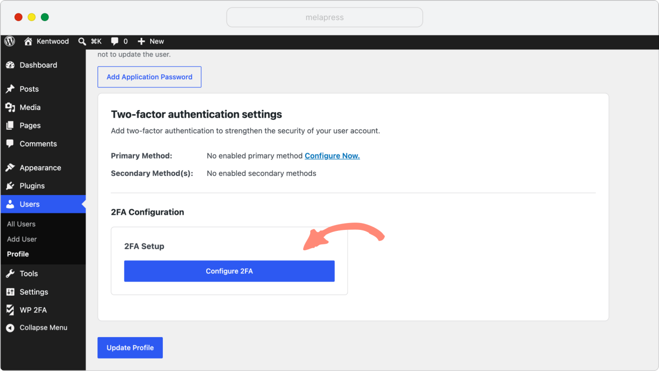 setting up 2fa from user profile page