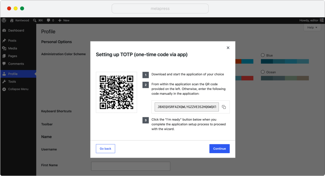 WP 2FA setting TOTP (one-time code via app)