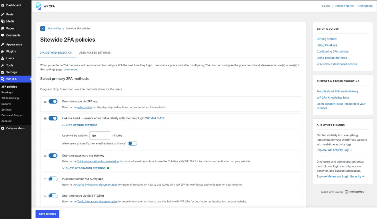 The new UI of WP 2FA, released in update 4.0