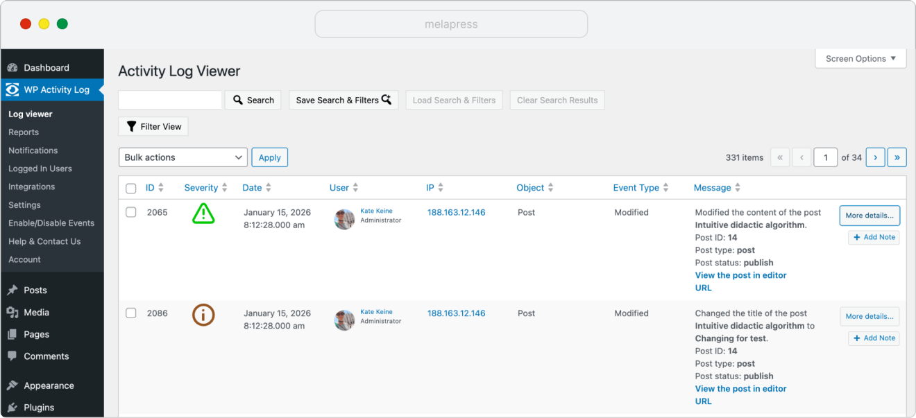 content edits in WP Activity Log viewer