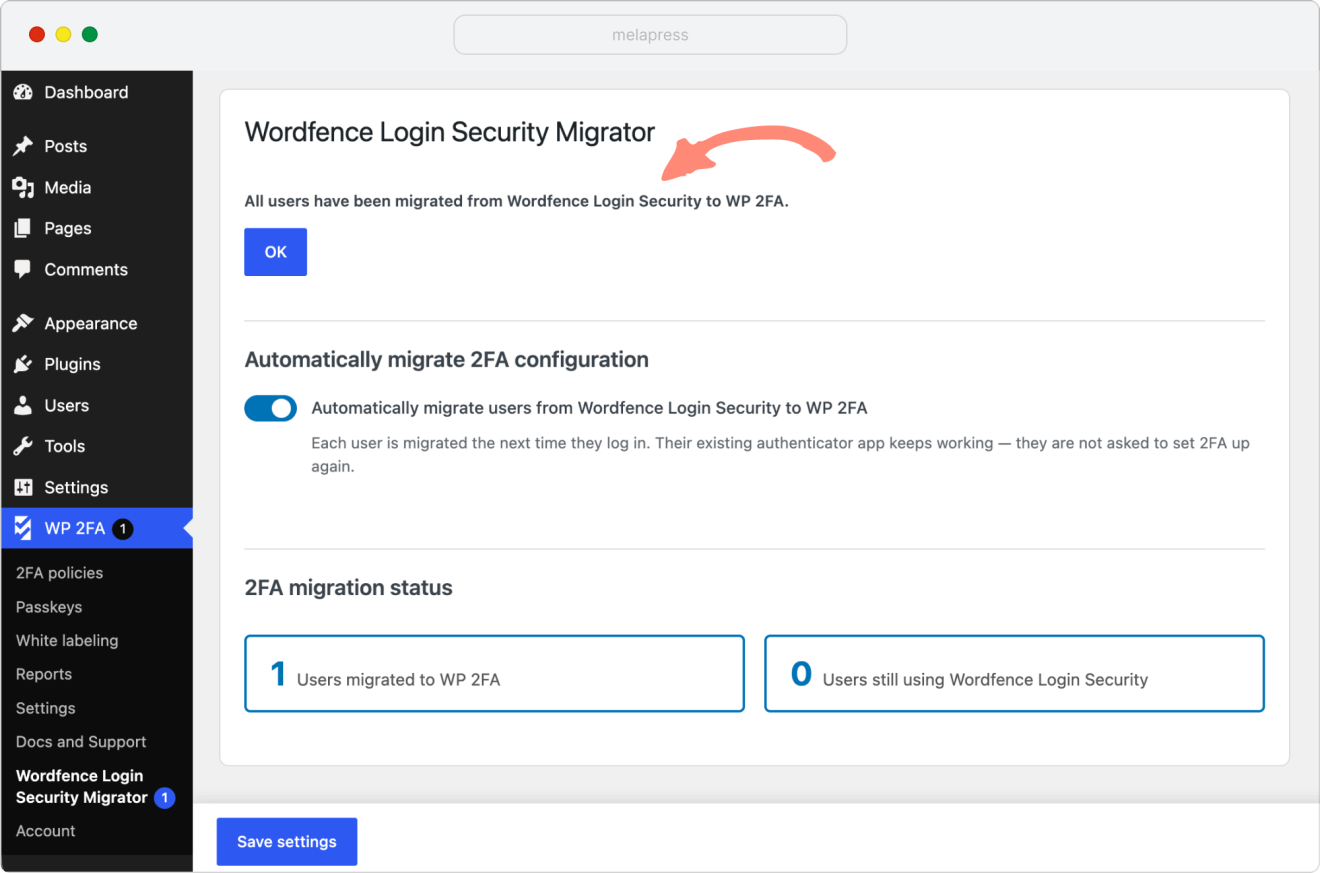 Wordfence Login Security to WP 2FA migration finished notice