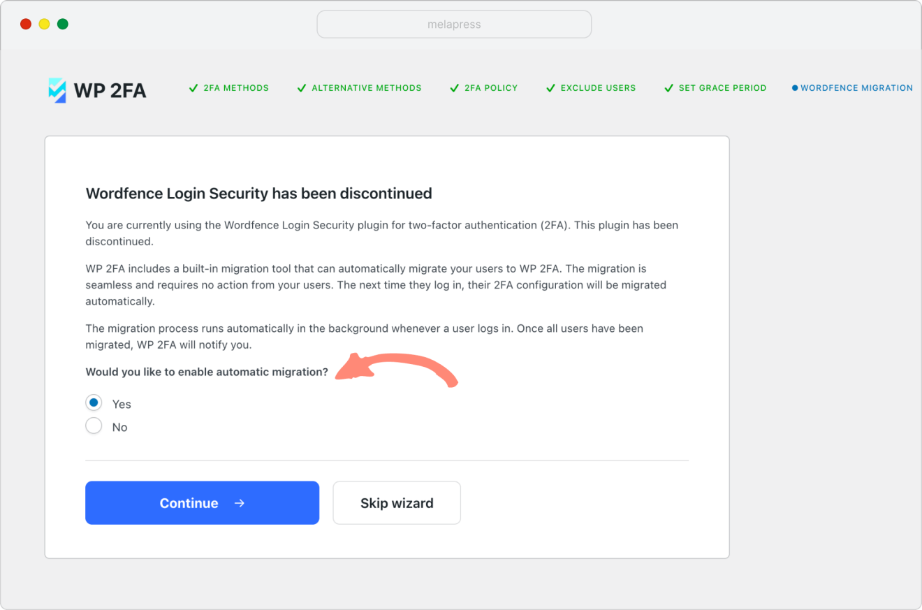 Wordfence Login Security migrator in WP 2FA setup wizard