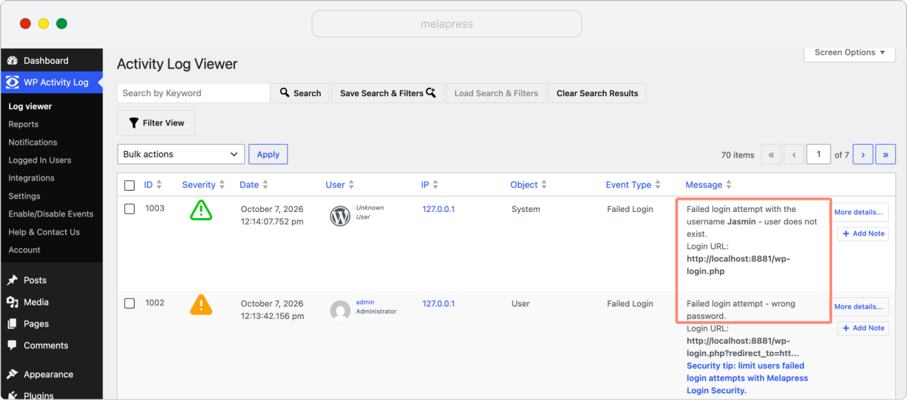 Failed logins attempts in WP Activity Log viewer