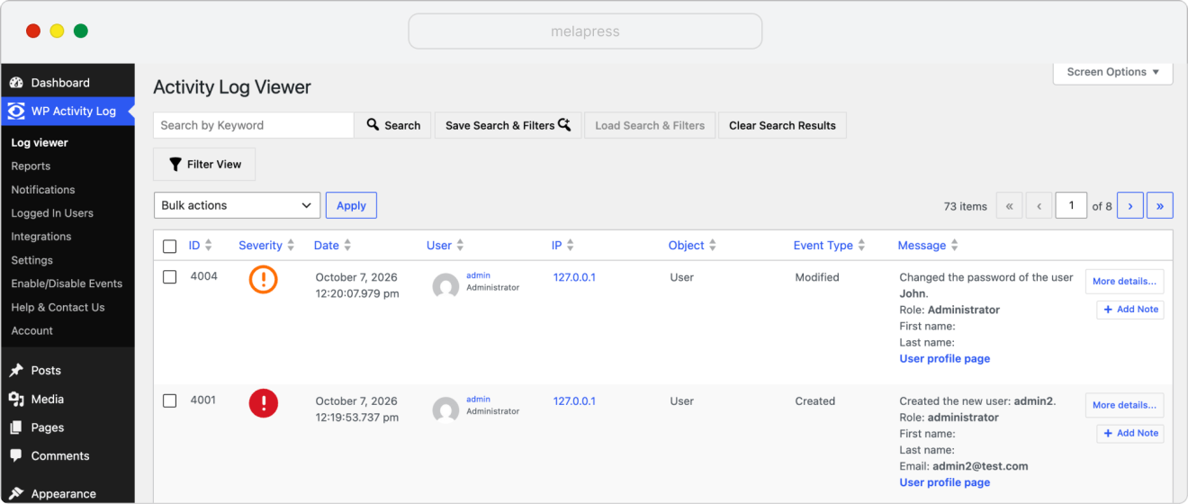 Example of new user created log in Activity Log Viewer